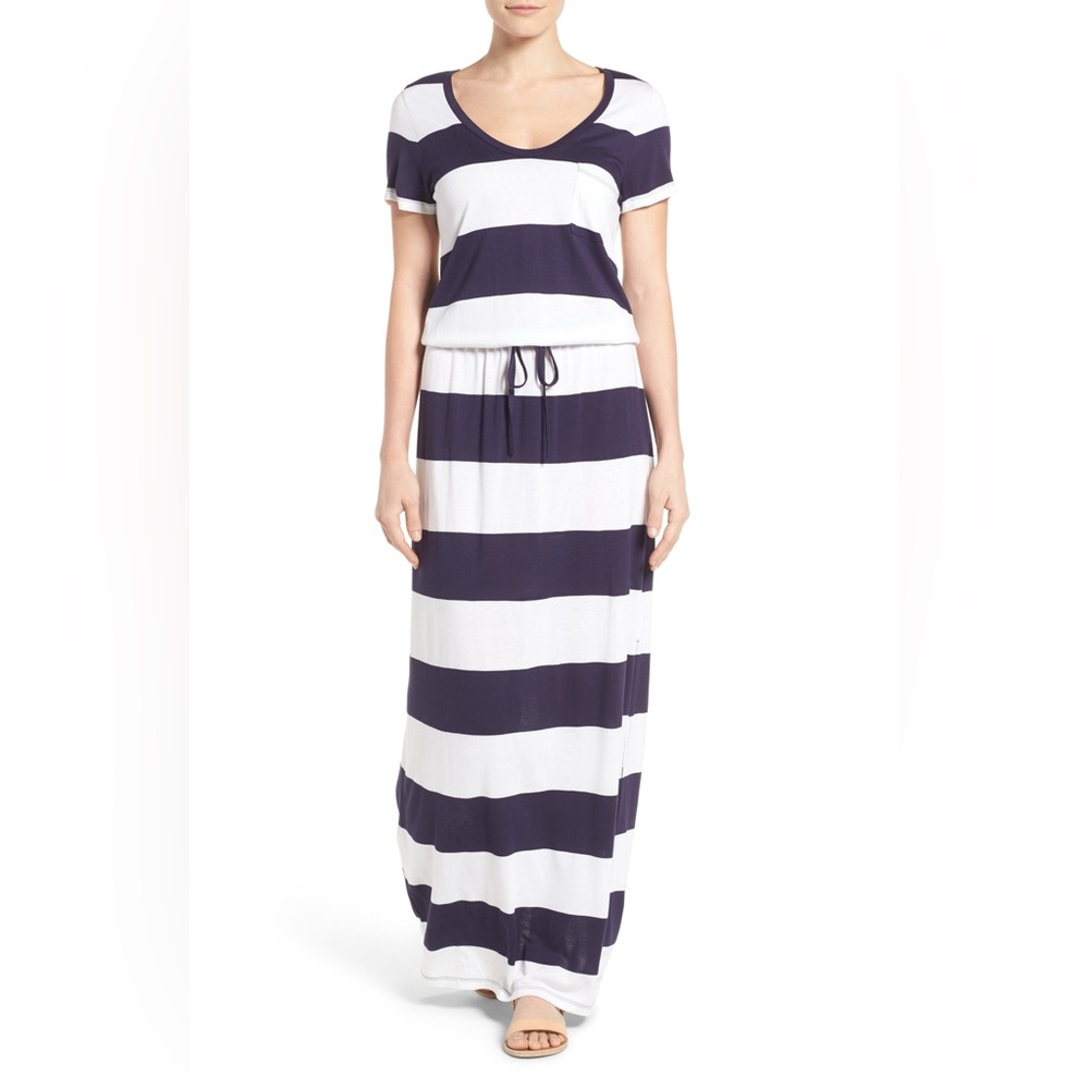 Caslon Drawstring Jersey Maxi Dress Stripe